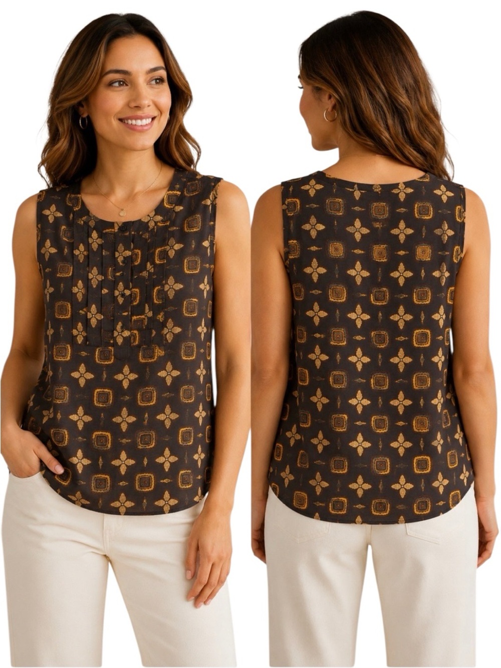 CAbi “Louise” Sleeveless Geometric Medallion Print Blouse